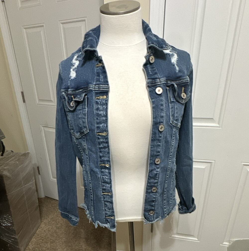 KanCan Women’s Distressed Denim Jacket Button Front Collared Pockets Blue S
